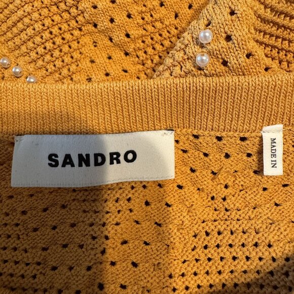 Sandro Gipsy Ochre Orange Pearl Embellished Pointelle Knit Mini Dress Women's 6 - Picture 5 of 9
